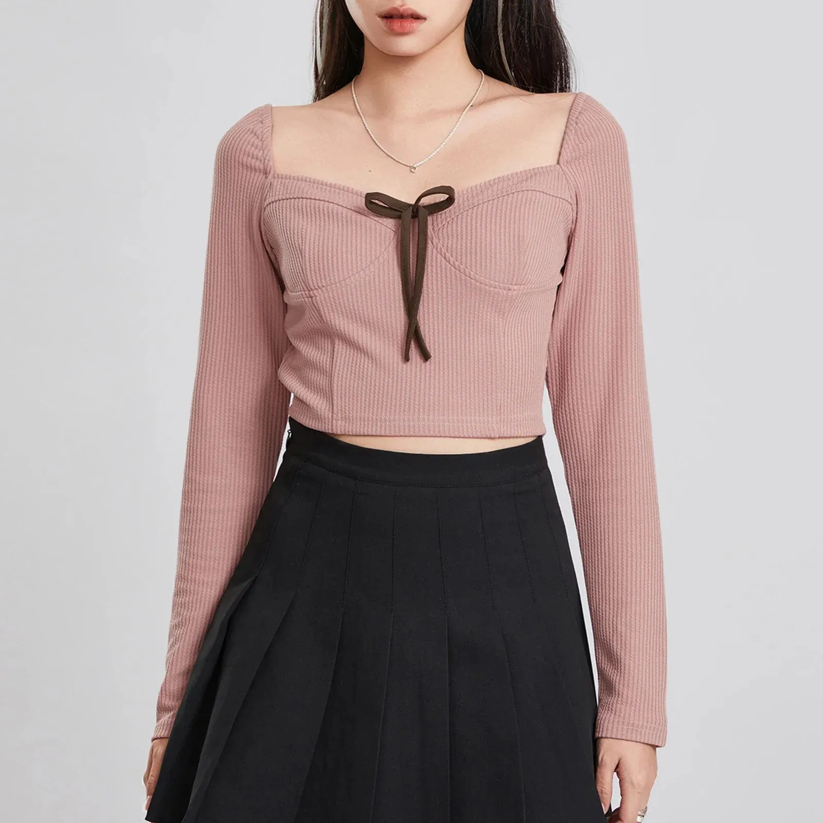 Summer Slim Crop Ribbed Long Sleeve Sweetheart Neck Bow Tie Sweet Streetwear Spring T-shirt