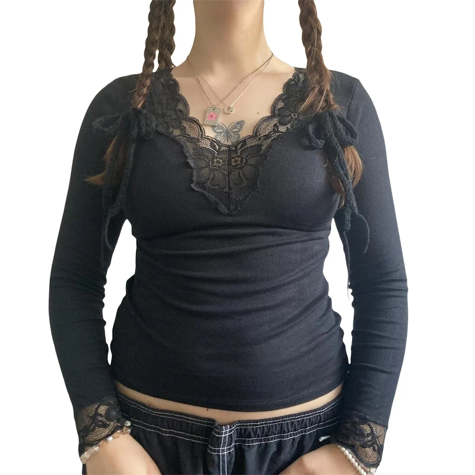Trim Solid Color Long Sleeve Casual Fashion Slim Fit Fairy Grunge Streetwear Lace T-shirt