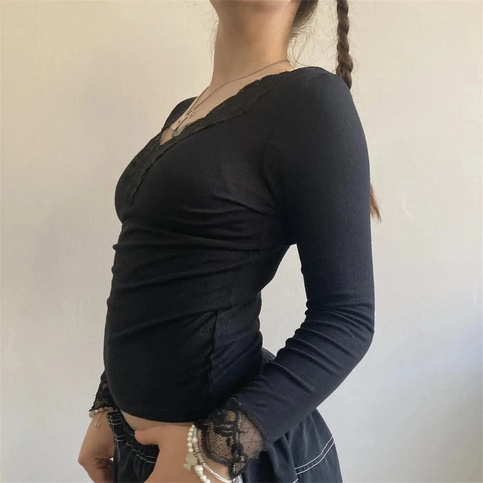 Trim Solid Color Long Sleeve Casual Fashion Slim Fit Fairy Grunge Streetwear Lace T-shirt