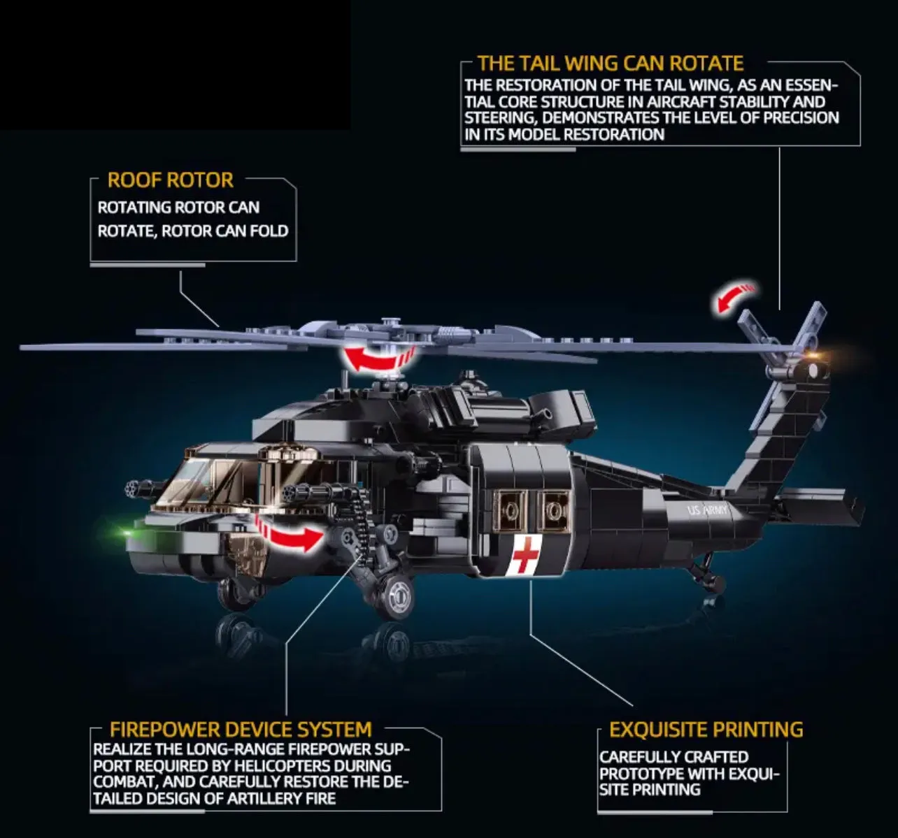 US UH-60 Marine Medical Black Hawk Military Helicopter Building Block Set