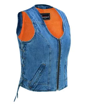 VB1042 Women's Blue Denim V Neck Vest with Zipper & side laces