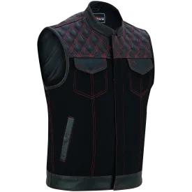 VB924RD Men's Denim & Leather Motorcycle Vest with Conceal Carry Pockets, SOA Biker Club Vest Red Stitching, Diamond Padding, Snap & Zipper Closure