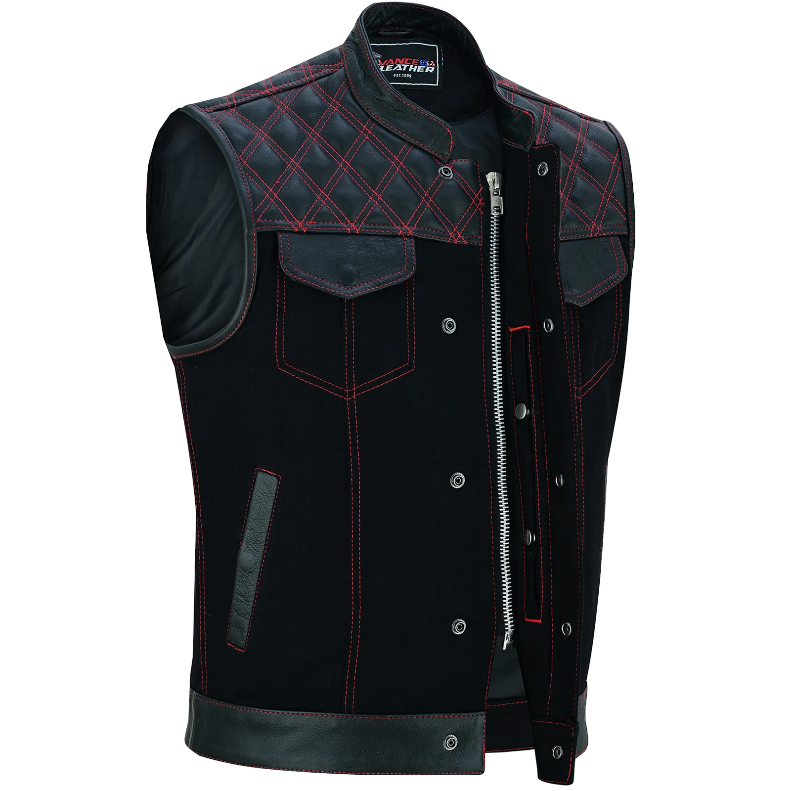 VB924RD Men's Denim & Leather Motorcycle Vest with Conceal Carry Pockets, SOA Biker Club Vest Red Stitching, Diamond Padding, Snap & Zipper Closure