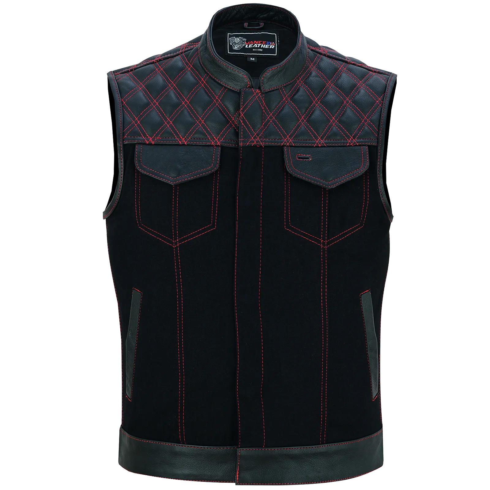 VB924RD Men's Denim & Leather Motorcycle Vest with Conceal Carry Pockets, SOA Biker Club Vest Red Stitching, Diamond Padding, Snap & Zipper Closure