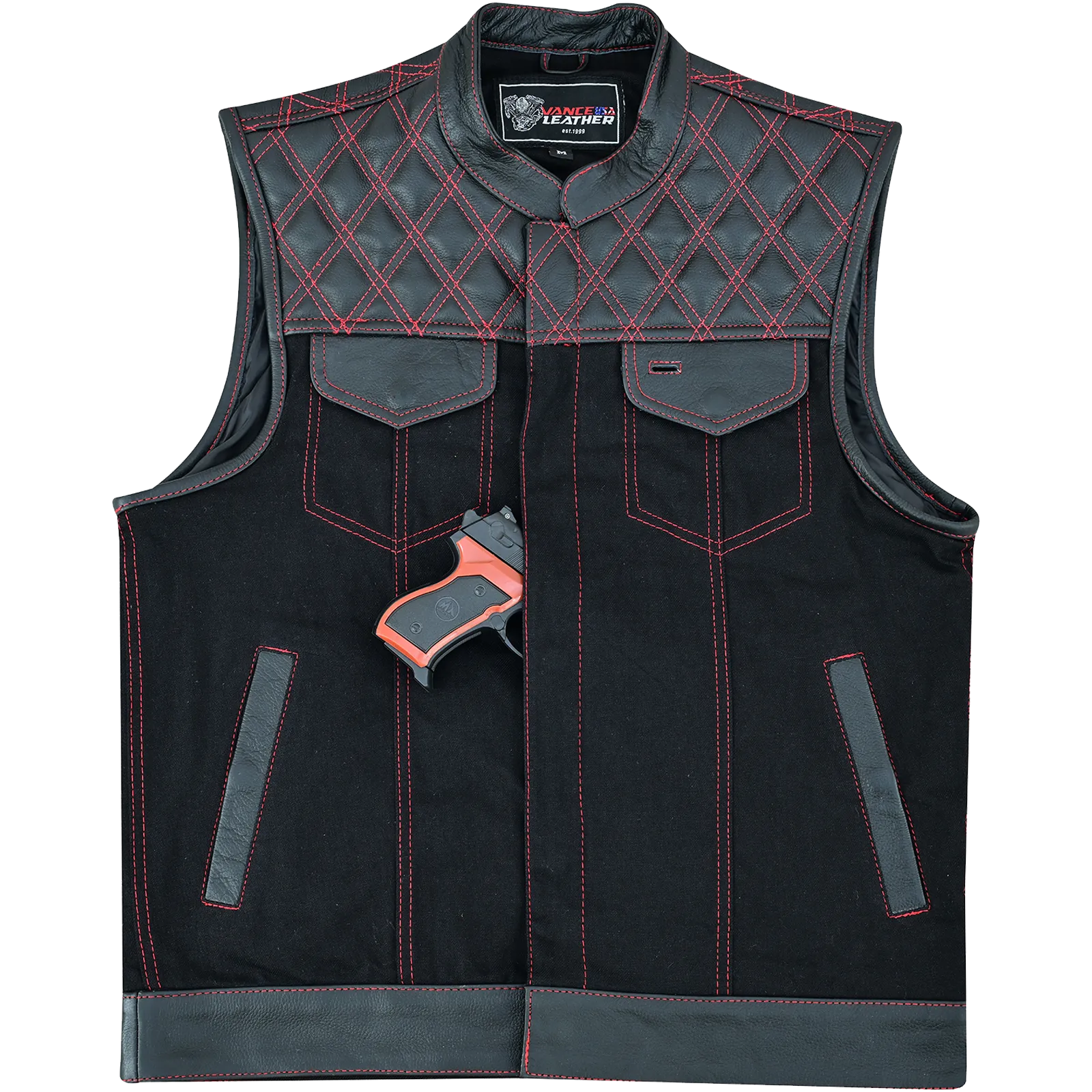 VB924RD Men's Denim & Leather Motorcycle Vest with Conceal Carry Pockets, SOA Biker Club Vest Red Stitching, Diamond Padding, Snap & Zipper Closure