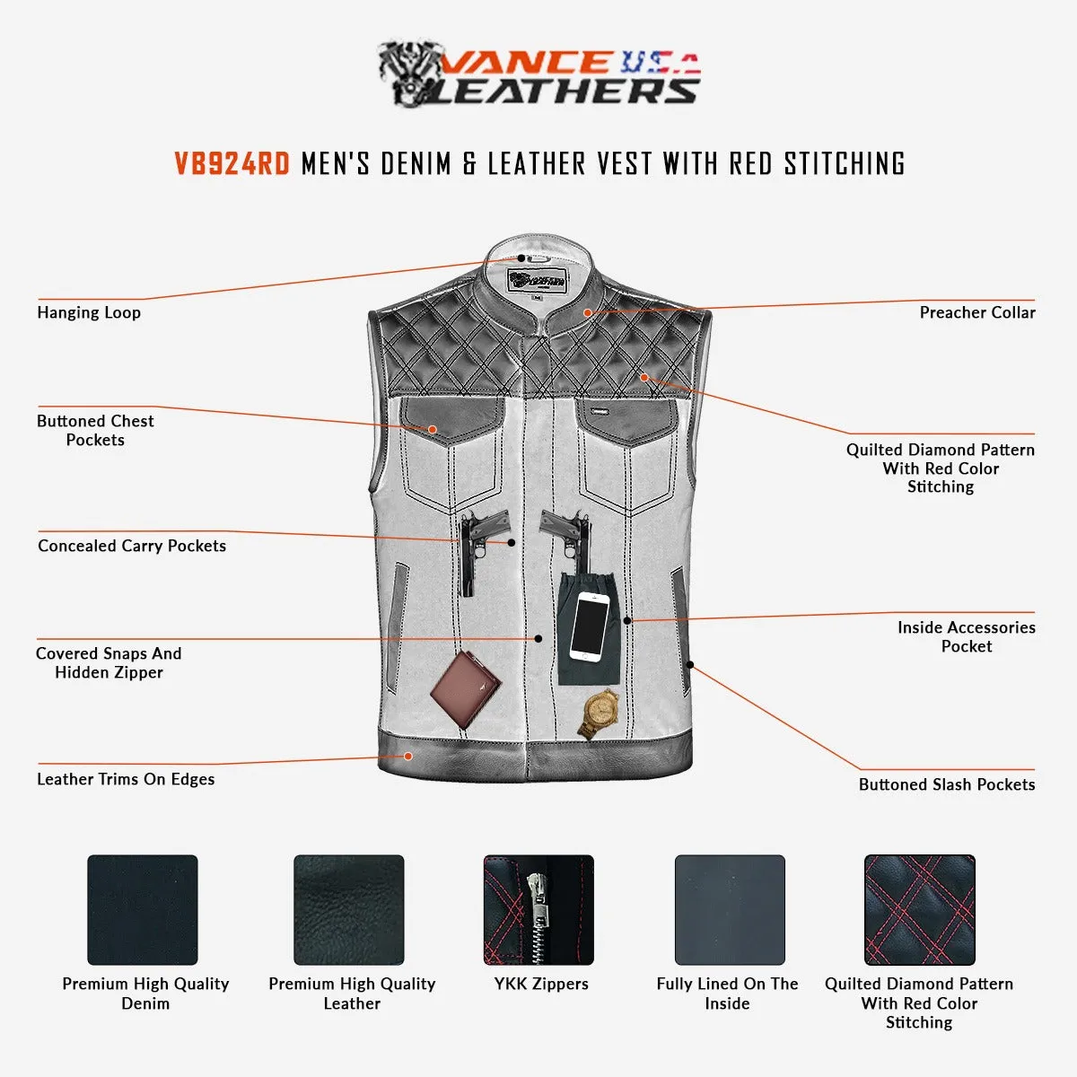VB924RD Men's Denim & Leather Motorcycle Vest with Conceal Carry Pockets, SOA Biker Club Vest Red Stitching, Diamond Padding, Snap & Zipper Closure
