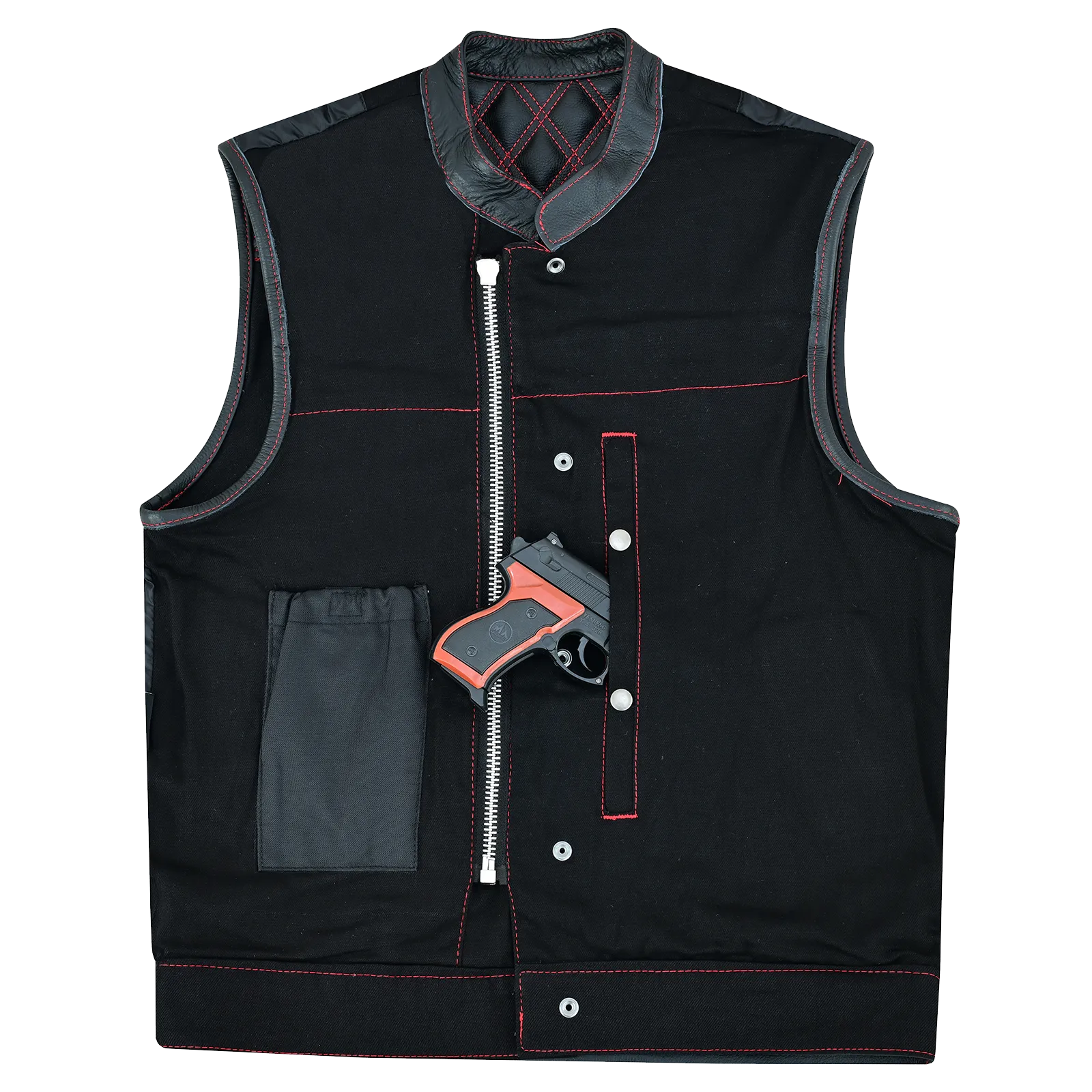 VB924RD Men's Denim & Leather Motorcycle Vest with Conceal Carry Pockets, SOA Biker Club Vest Red Stitching, Diamond Padding, Snap & Zipper Closure