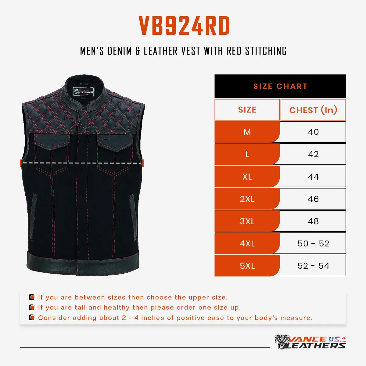 VB924RD Men's Denim & Leather Motorcycle Vest with Conceal Carry Pockets, SOA Biker Club Vest Red Stitching, Diamond Padding, Snap & Zipper Closure