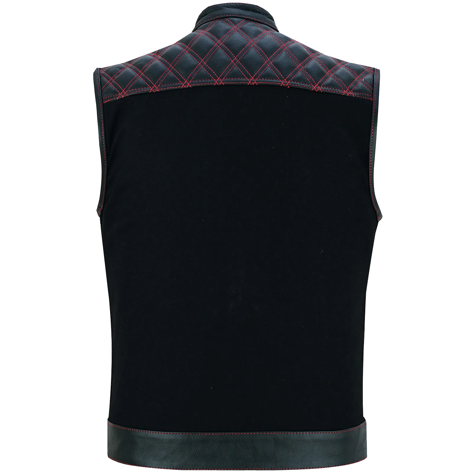 VB924RD Men's Denim & Leather Motorcycle Vest with Conceal Carry Pockets, SOA Biker Club Vest Red Stitching, Diamond Padding, Snap & Zipper Closure