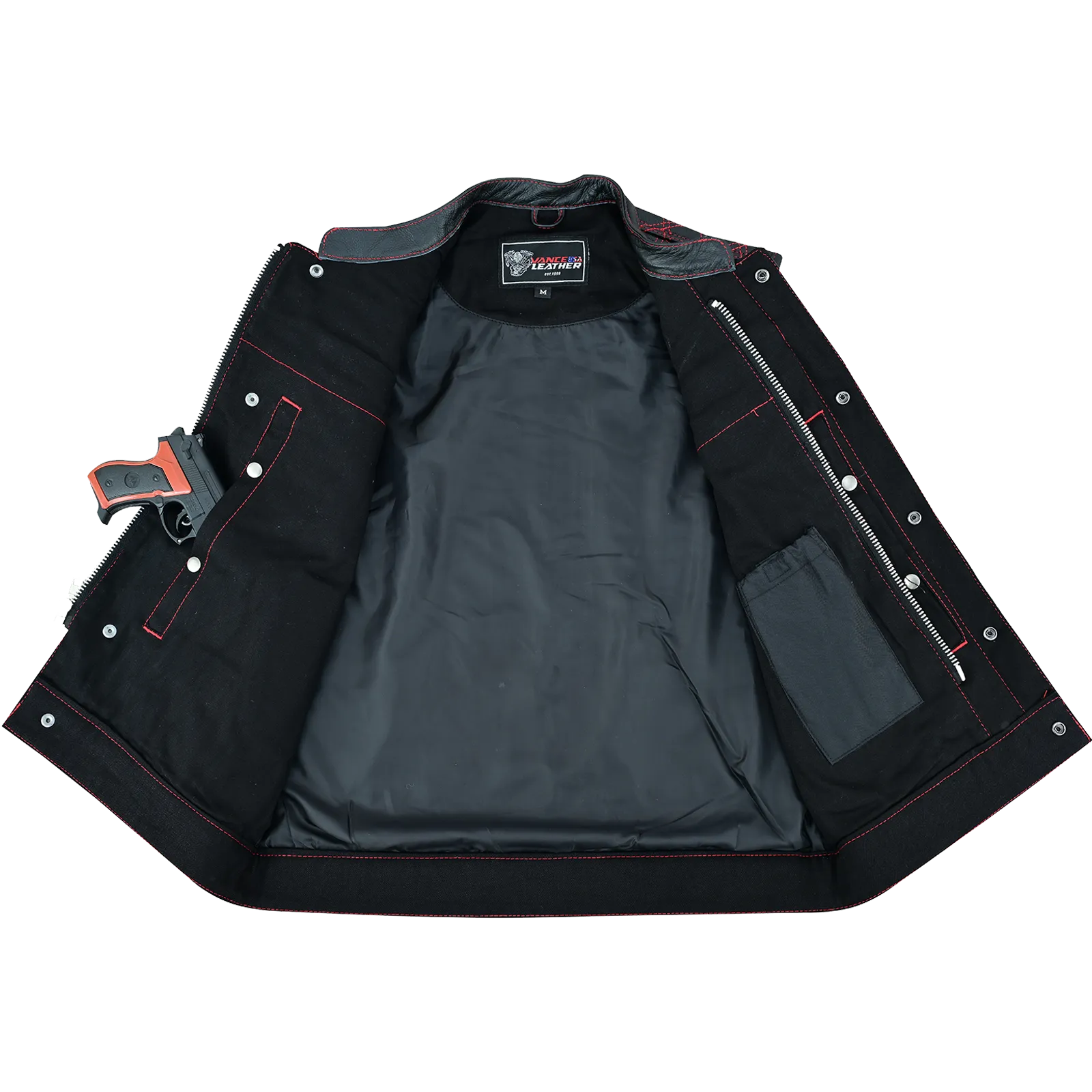VB924RD Men's Denim & Leather Motorcycle Vest with Conceal Carry Pockets, SOA Biker Club Vest Red Stitching, Diamond Padding, Snap & Zipper Closure