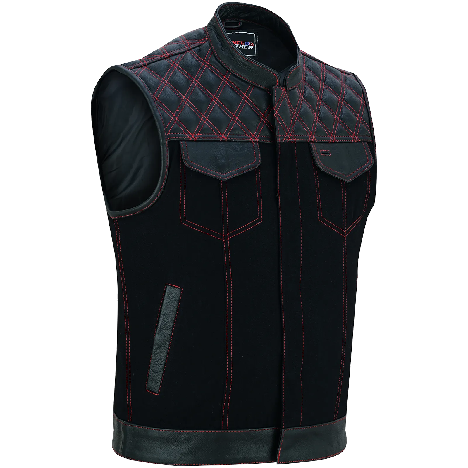 VB924RD Men's Denim & Leather Motorcycle Vest with Conceal Carry Pockets, SOA Biker Club Vest Red Stitching, Diamond Padding, Snap & Zipper Closure