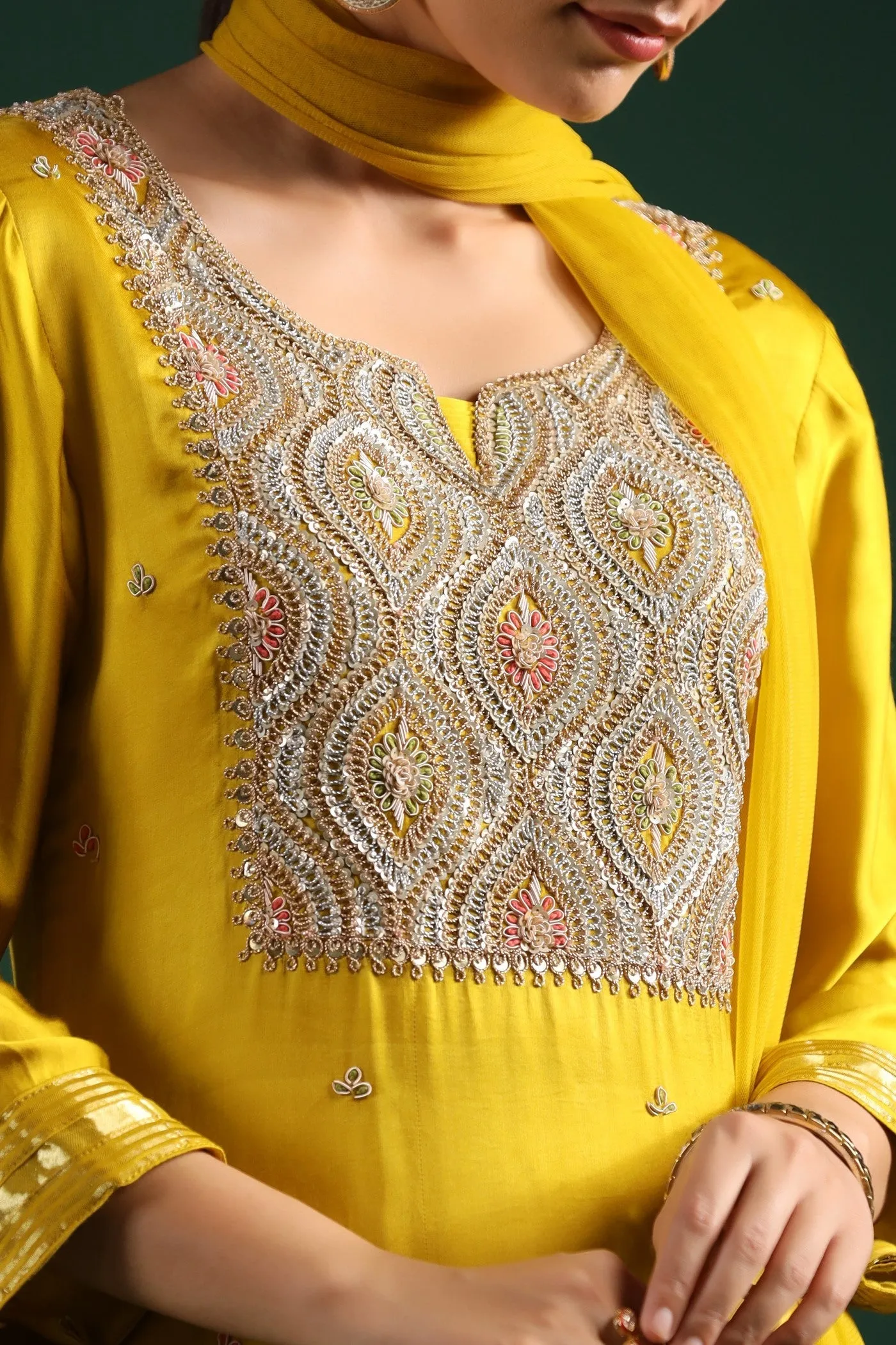 Yellow Zari Embroidered Gajji Silk Kurta Set